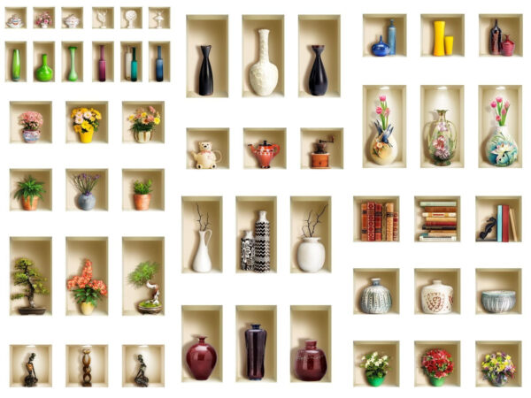 Wall with shelves full of vases and flowers