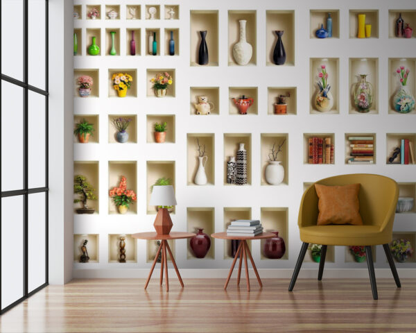 Wall with shelves full of vases and flowers