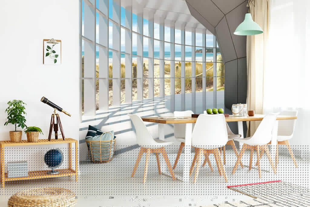 Large room with windows and a beach view