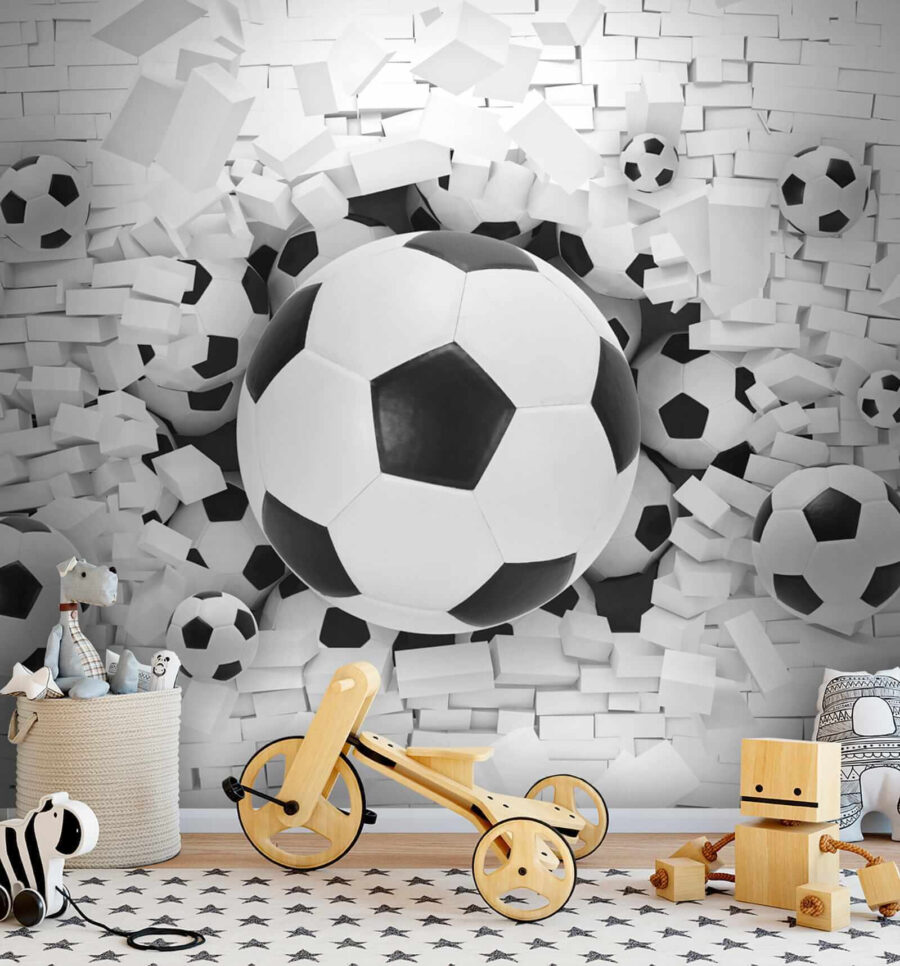 Grupa piłek futbolowych w stosie cegieł