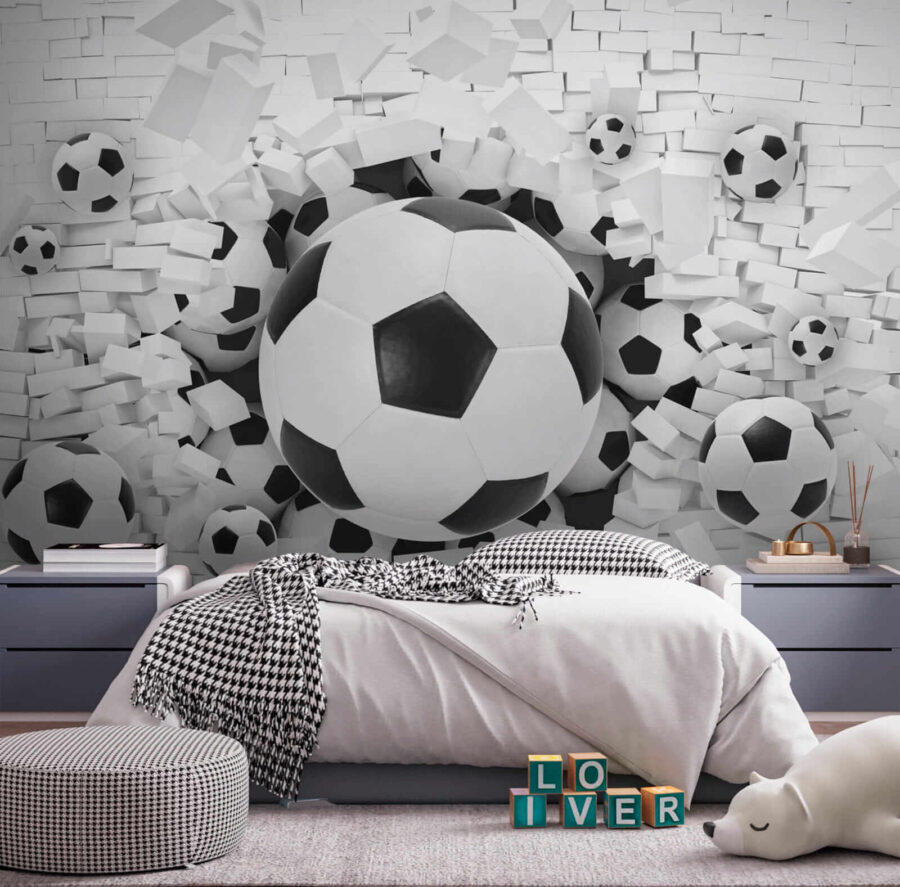 Grupa piłek futbolowych w stosie cegieł