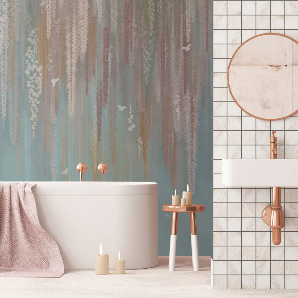 Wallpaper with a pattern of leaves and birds