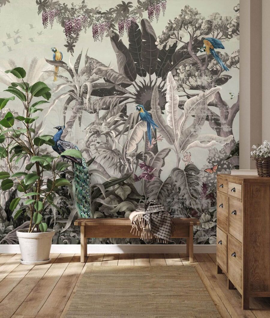 Mural z ptakami i roślinami