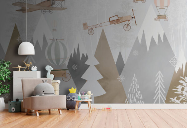 Wall mural of airplanes and hot air balloons flying over mountains