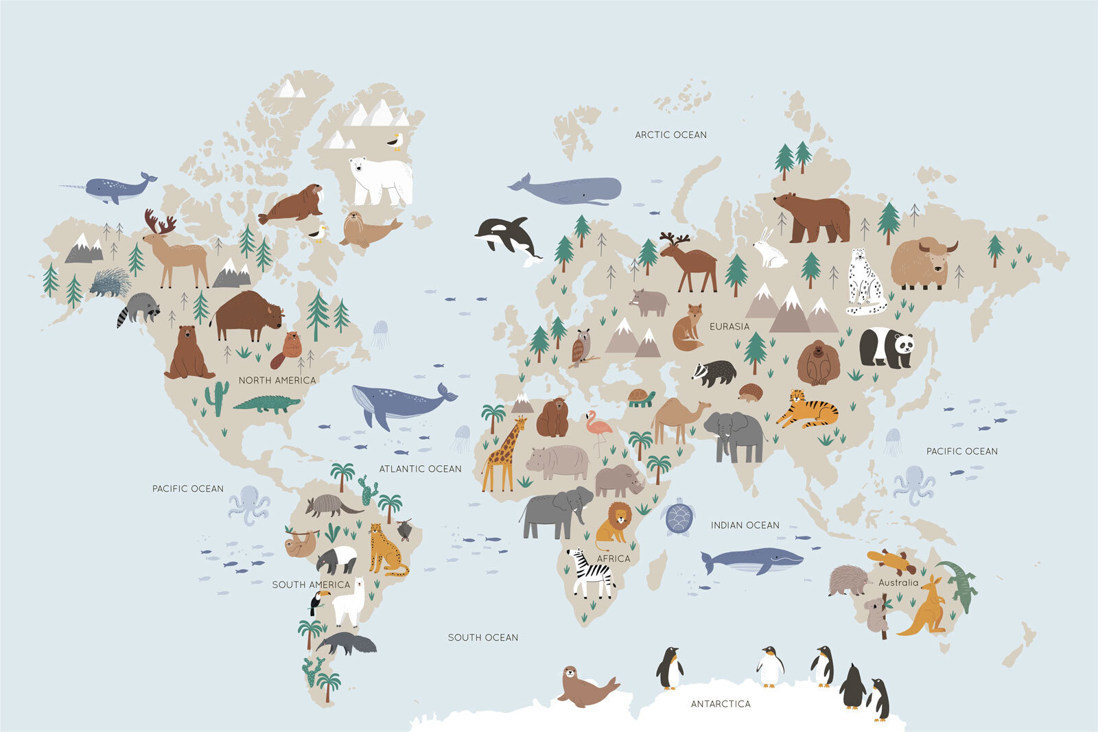 Map of the world with animals
