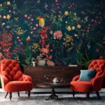 Fototapeta Tapeta z kwiatami i ptakami