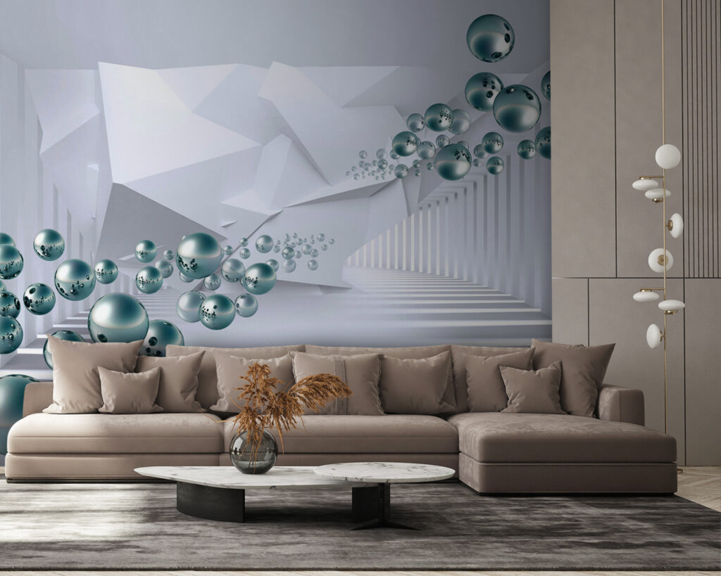 White room with white walls and white columns and silver balls