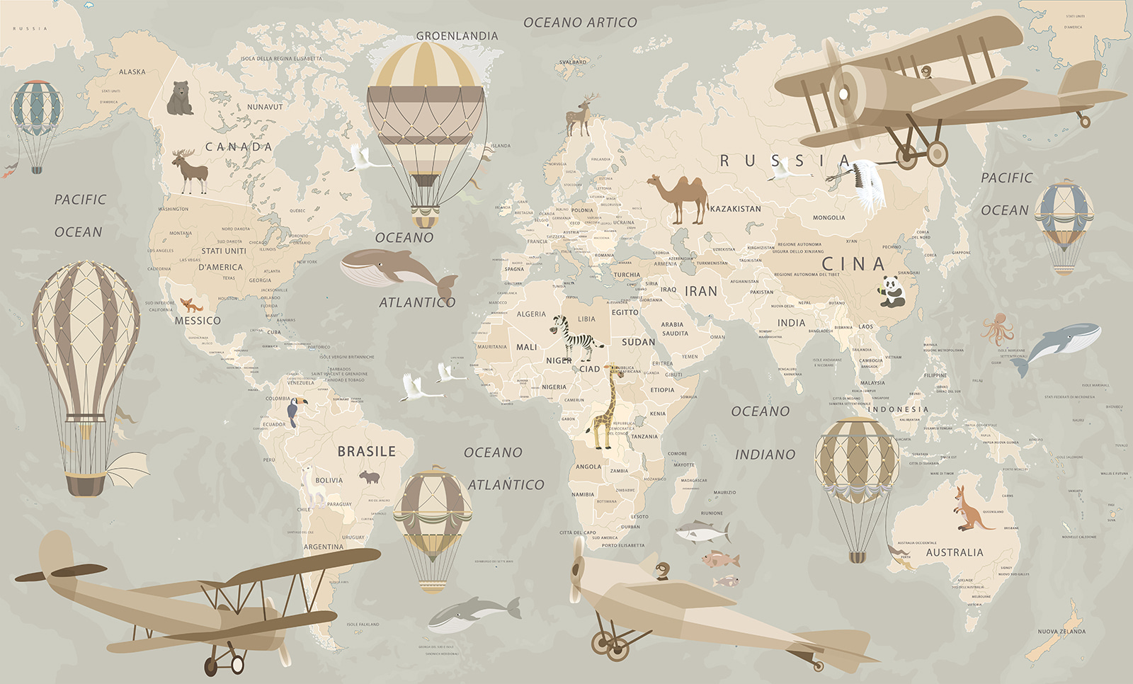 Map of the world with airplanes and hot air balloons Map of the world with airplanes and hot air balloons