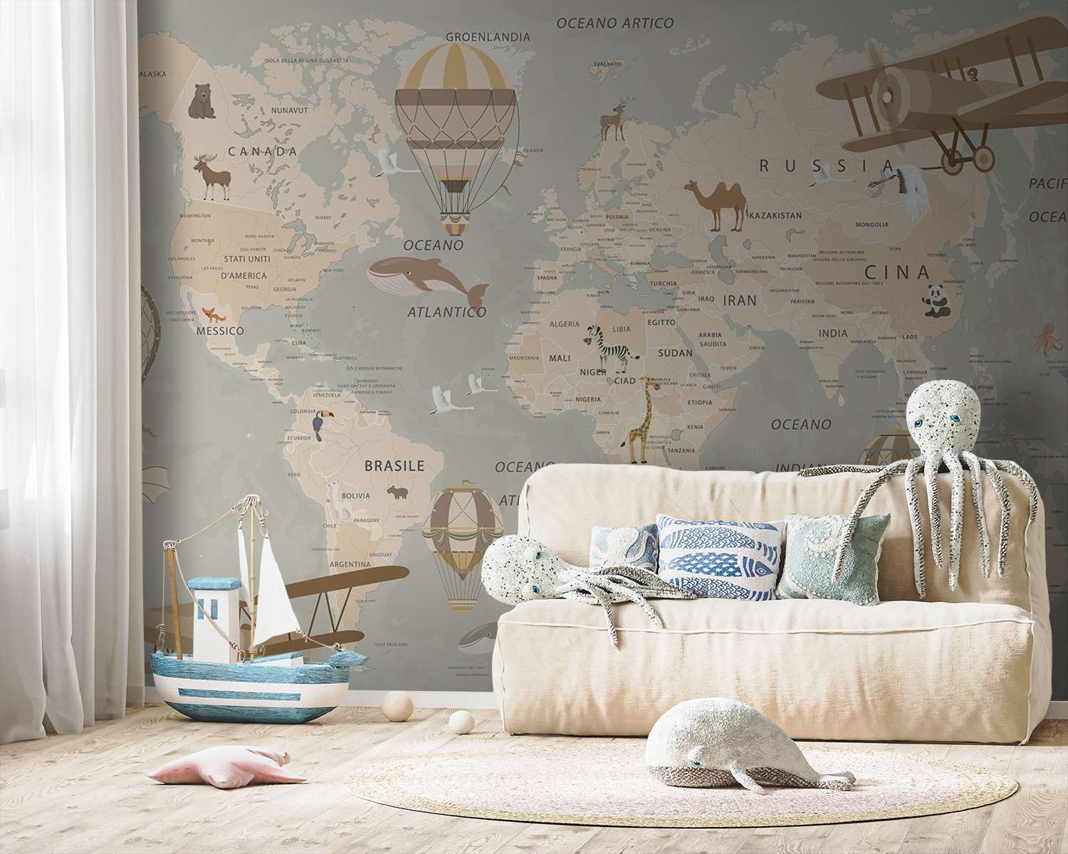 Map of the world with airplanes and hot air balloons Map of the world with airplanes and hot air balloons