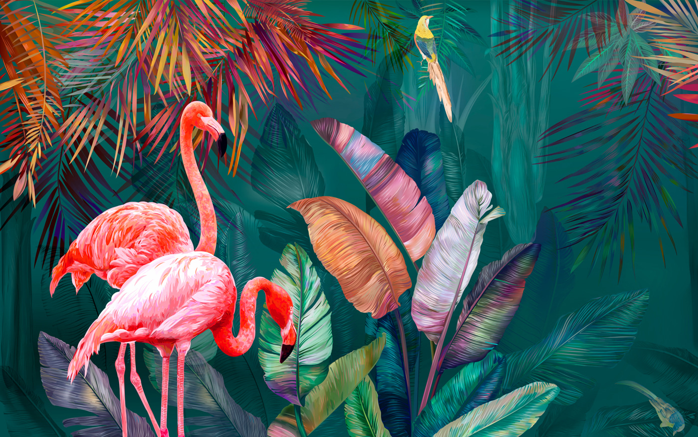 Flamingos and colorful leaves