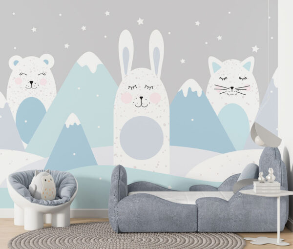 A group of animals in a snowy landscape
