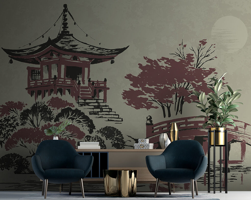 A painting of a pagoda and a bridge