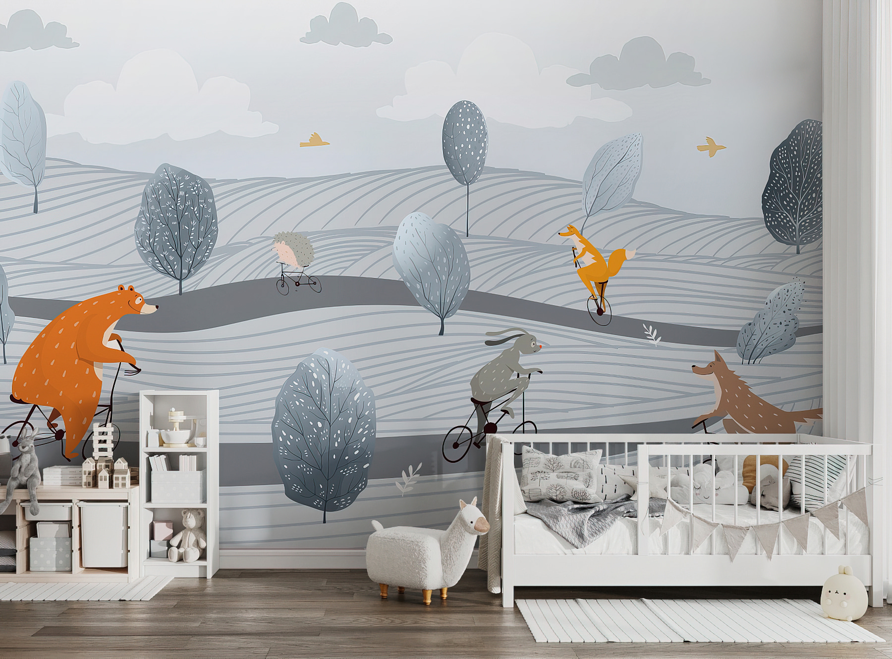 A group of animals riding bicycles in a field