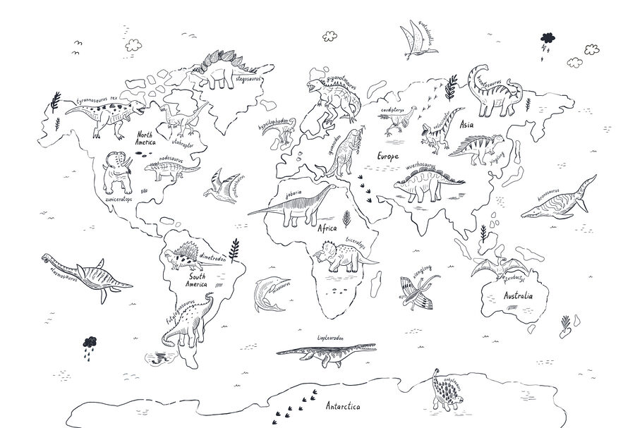 Mapa świata z dinozaurami Mapa świata z dinozaurami