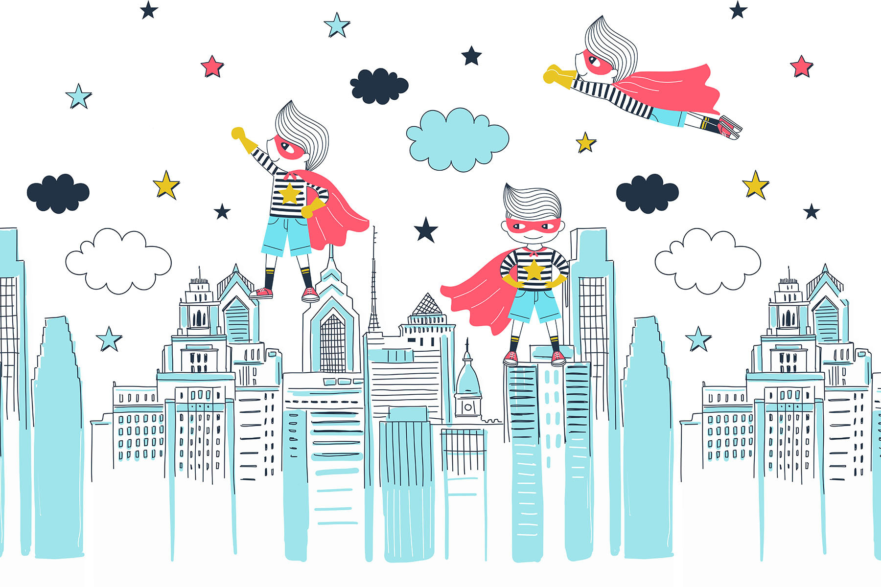 A cartoon of a superhero on a city