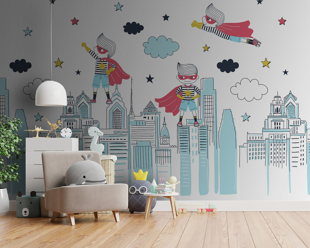 A cartoon of a superhero on a city