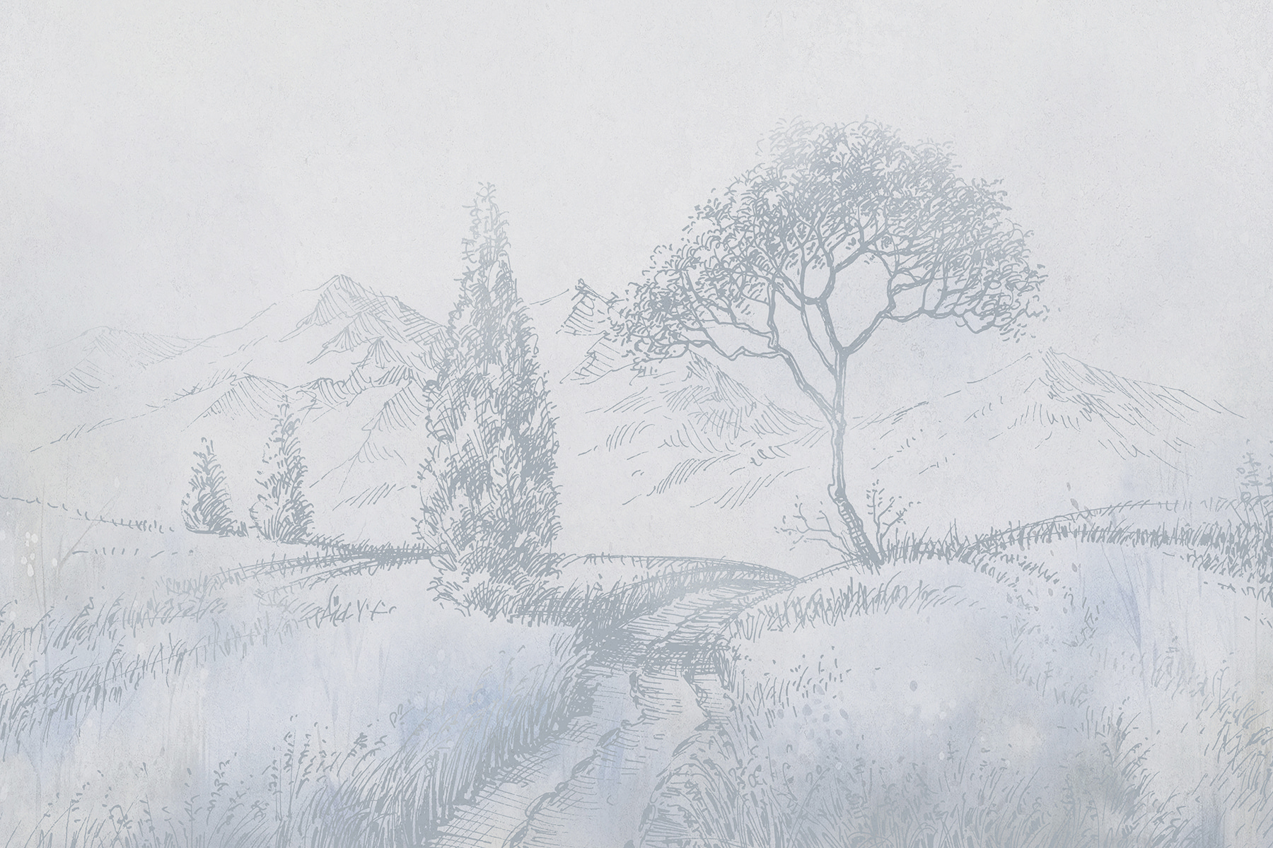 A drawing of a river with trees and mountains