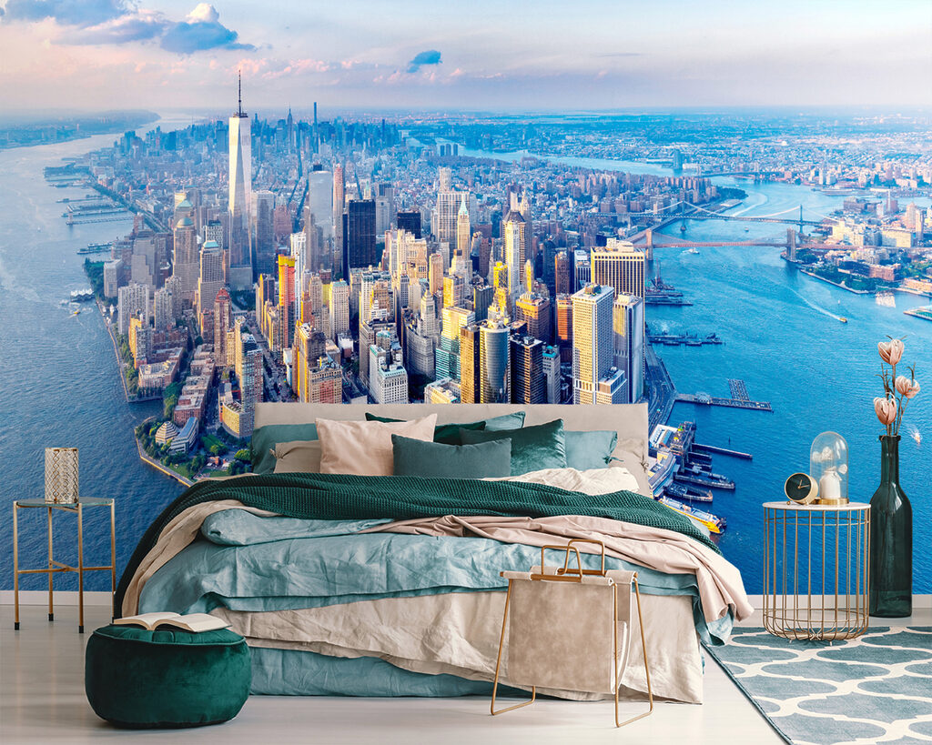 A city with many tall buildings and a body of water A city with many tall buildings and a body of water