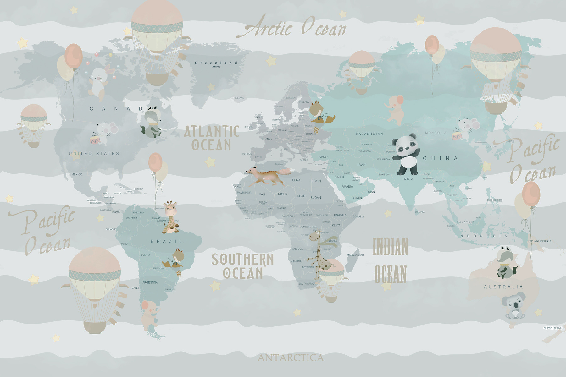 A map of the world with animals and balloons A map of the world with animals and balloons