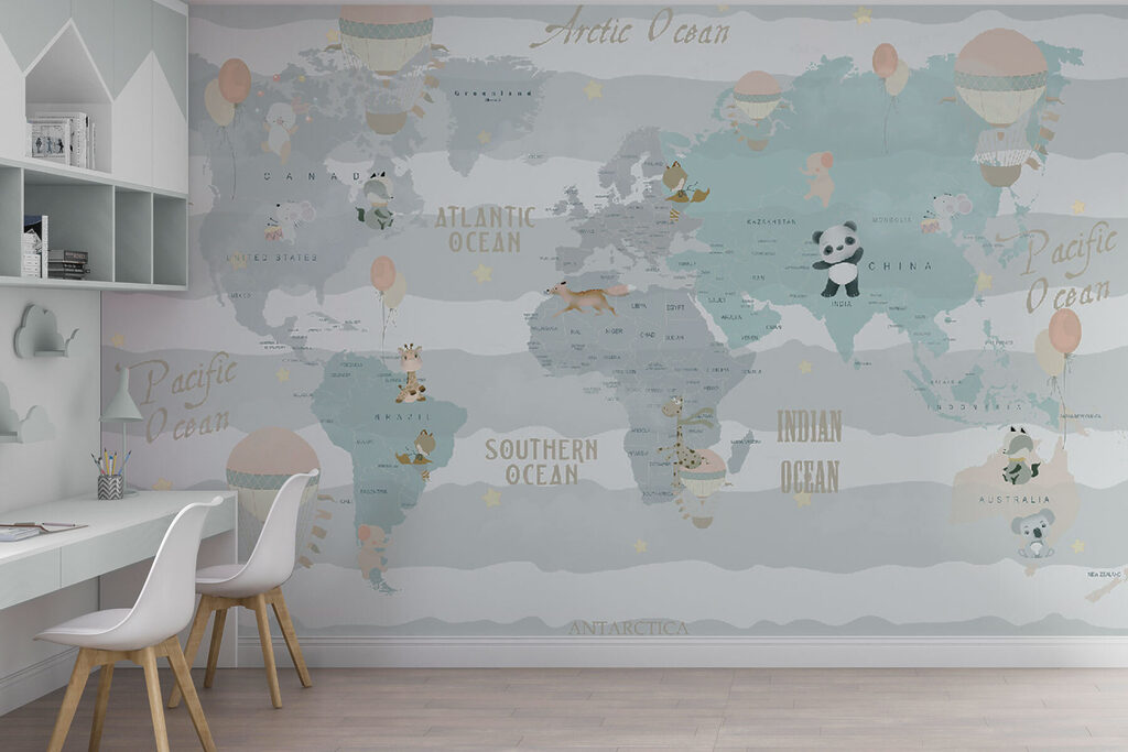 A map of the world with animals and balloons A map of the world with animals and balloons