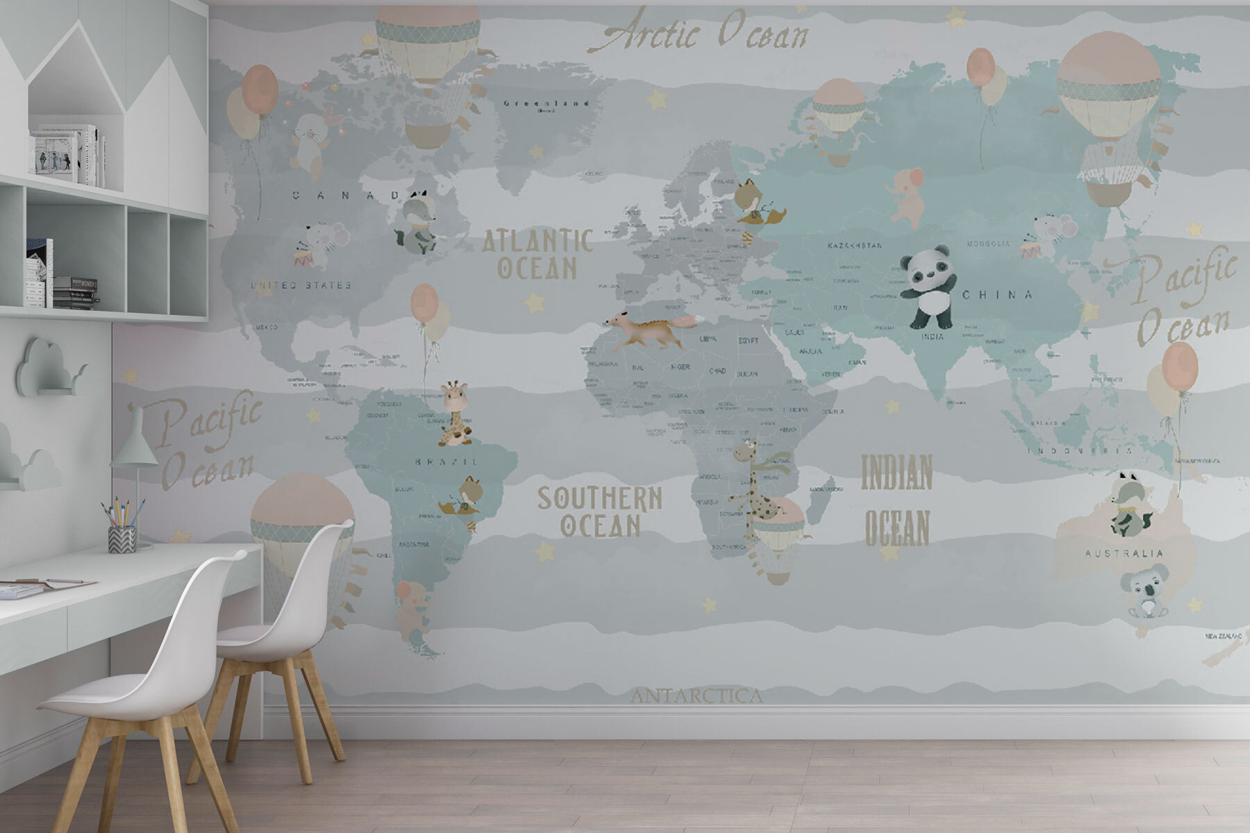 A map of the world with animals and balloons