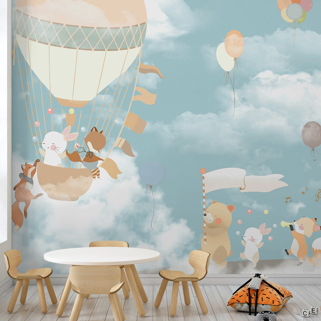 A cartoon of animals in a hot air balloon