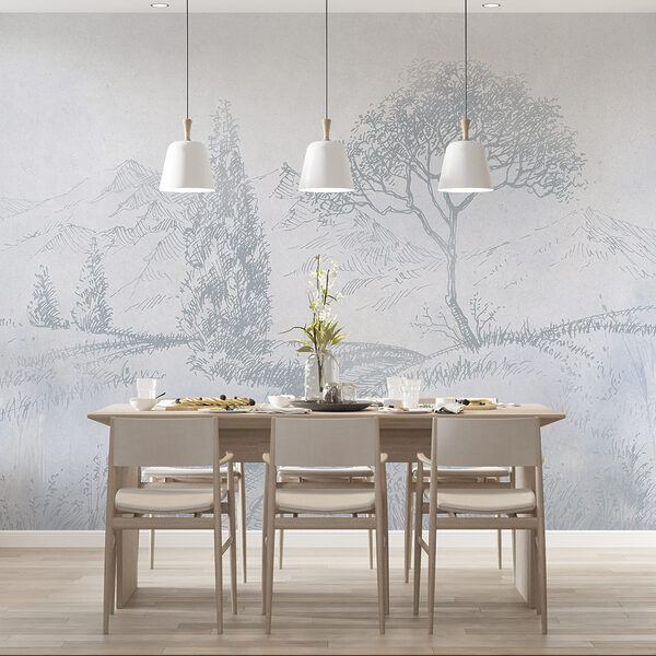 A drawing of a river with trees and mountains