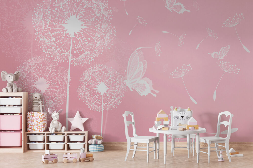 A pink background with white dandelions and butterflies