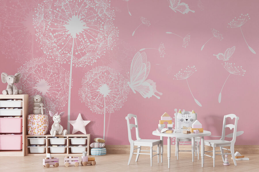 A pink background with white dandelions and butterflies A pink background with white dandelions and butterflies