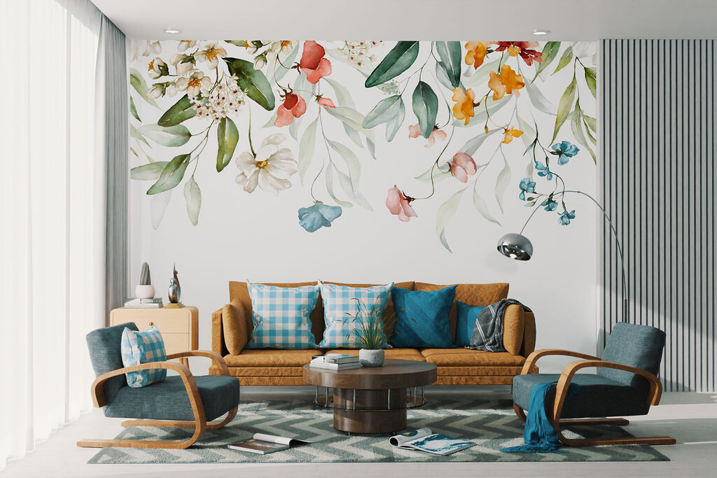 A watercolor painting of flowers and leaves