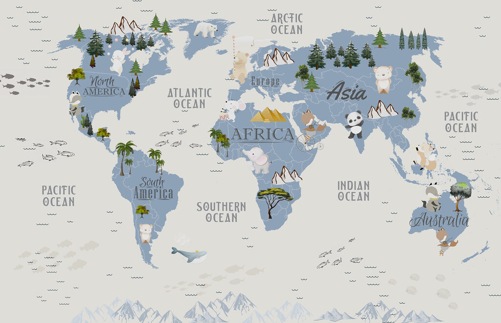 Mapa świata ze zwierzętami i ptakami Mapa świata ze zwierzętami i ptakami