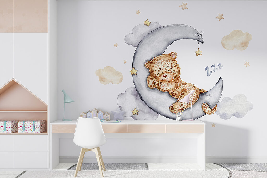 A teddy bear sleeping on the moon