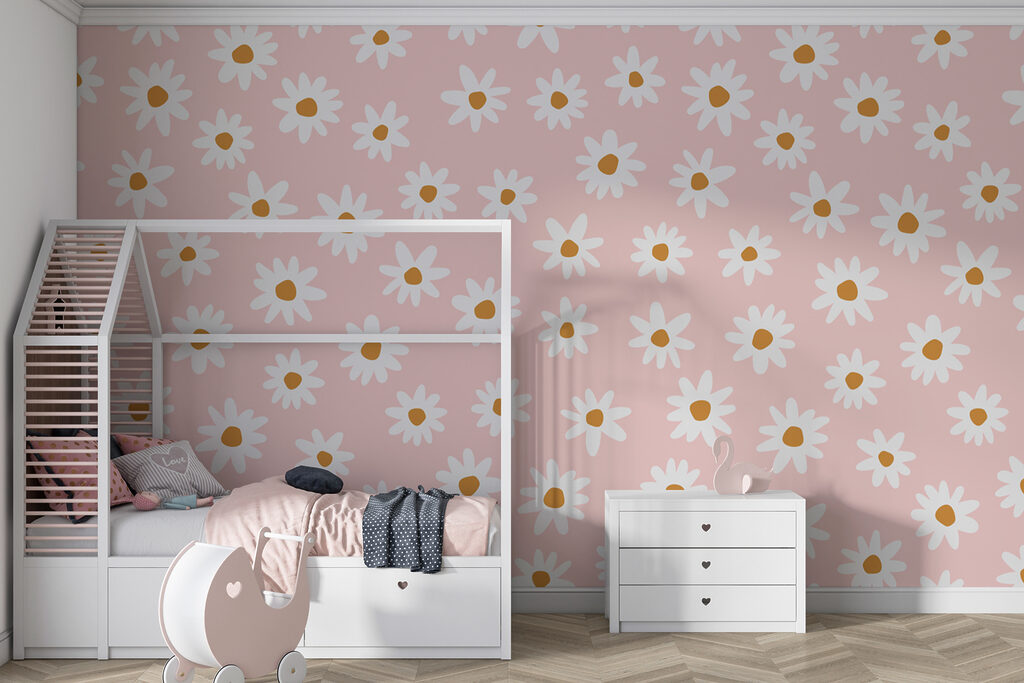 A pattern of white flowers on a pink background