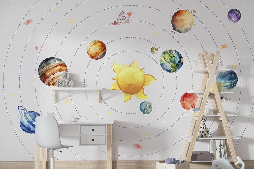 A solar system with planets and stars