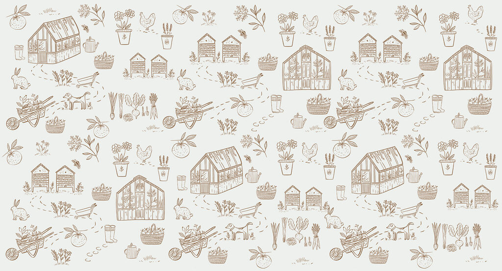 A pattern of gardening tools and plants