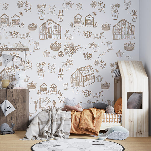 A pattern of gardening tools and plants