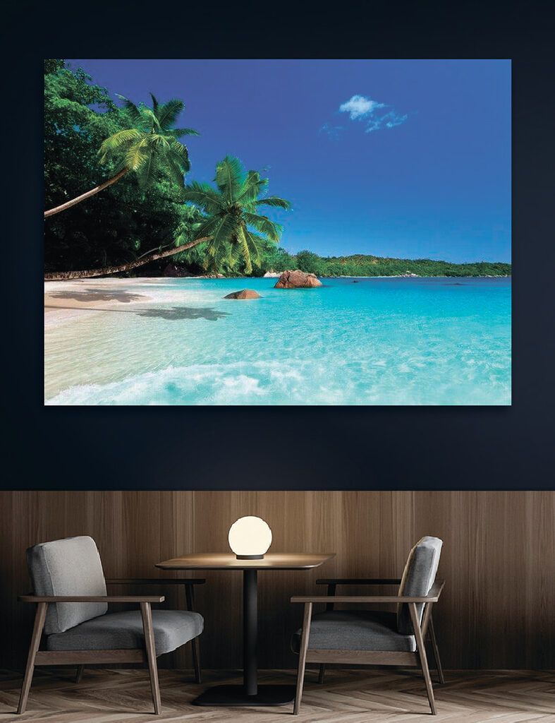 A beach with palm trees and blue water A beach with palm trees and blue water