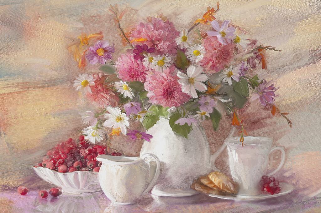 A painting of flowers in a vase and a bowl of food A painting of flowers in a vase and a bowl of food