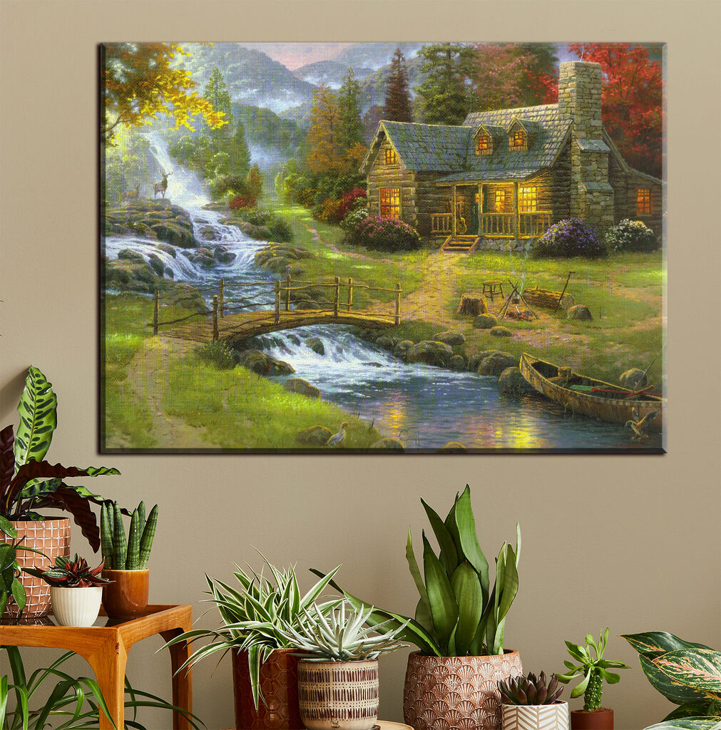 A painting of a log cabin with a bridge over a river