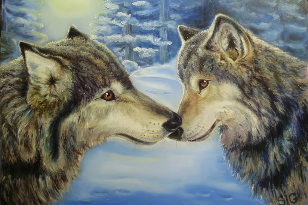 A painting of two wolves kissing A painting of two wolves kissing