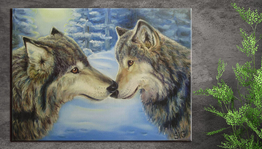 A painting of two wolves kissing A painting of two wolves kissing