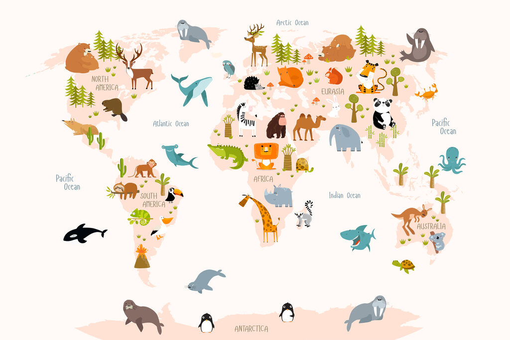 A map of the world with animals