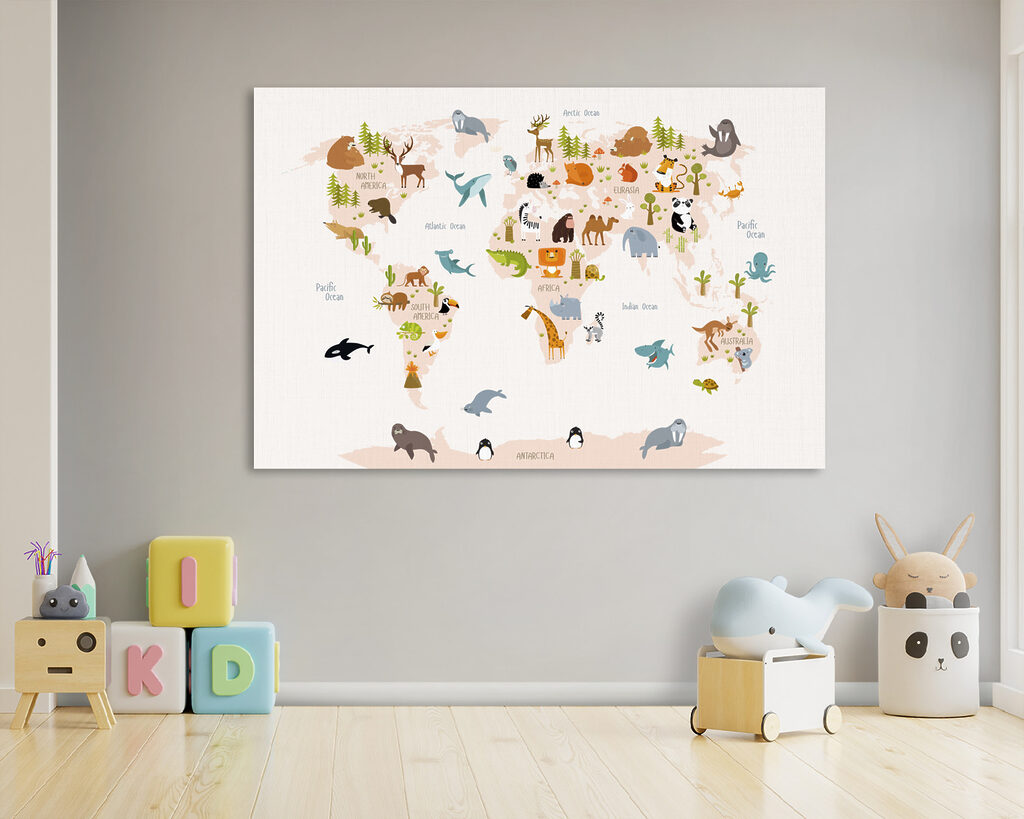 A map of the world with animals