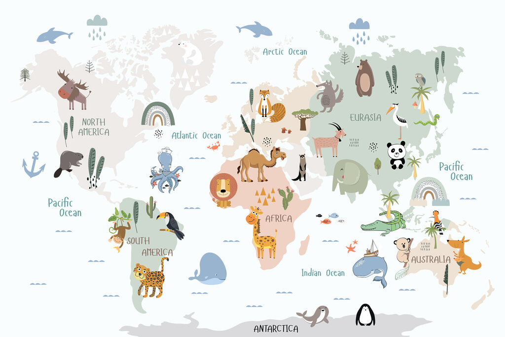 A map of the world with animals