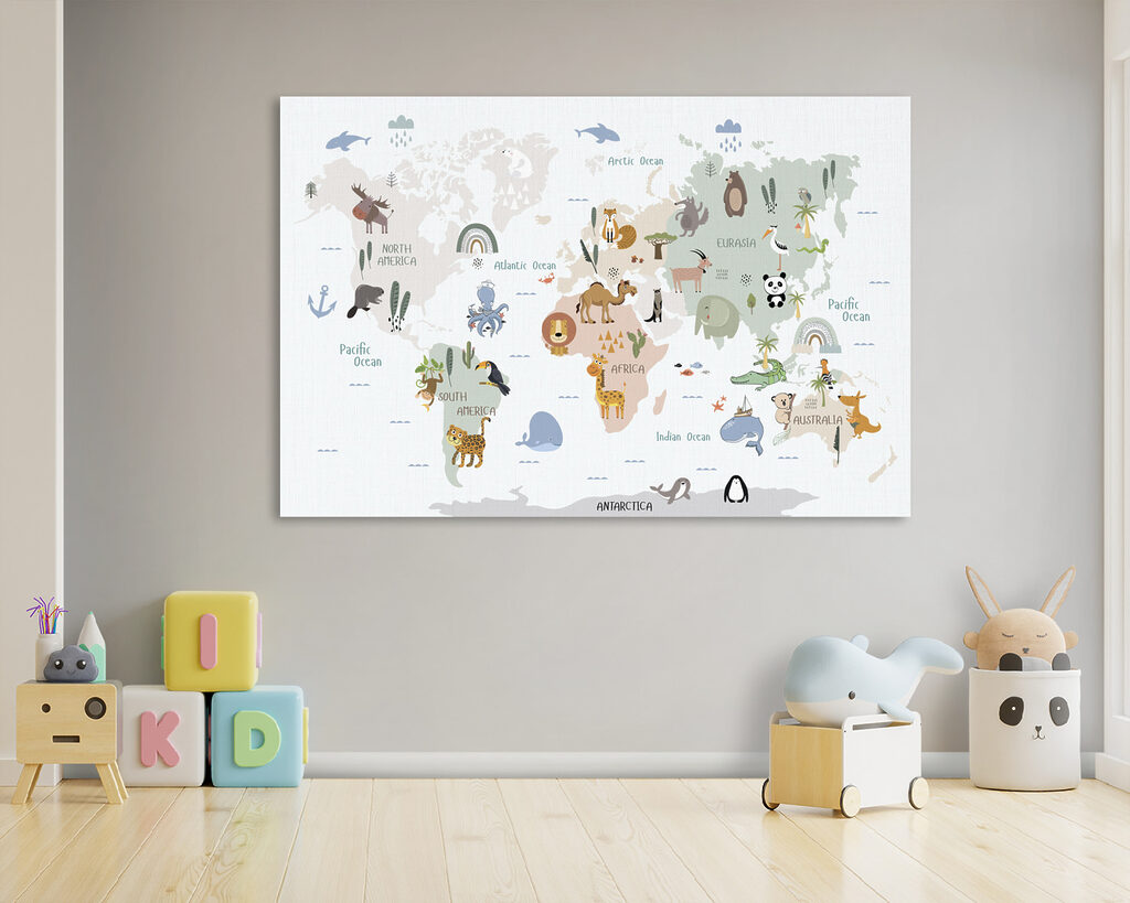 A map of the world with animals
