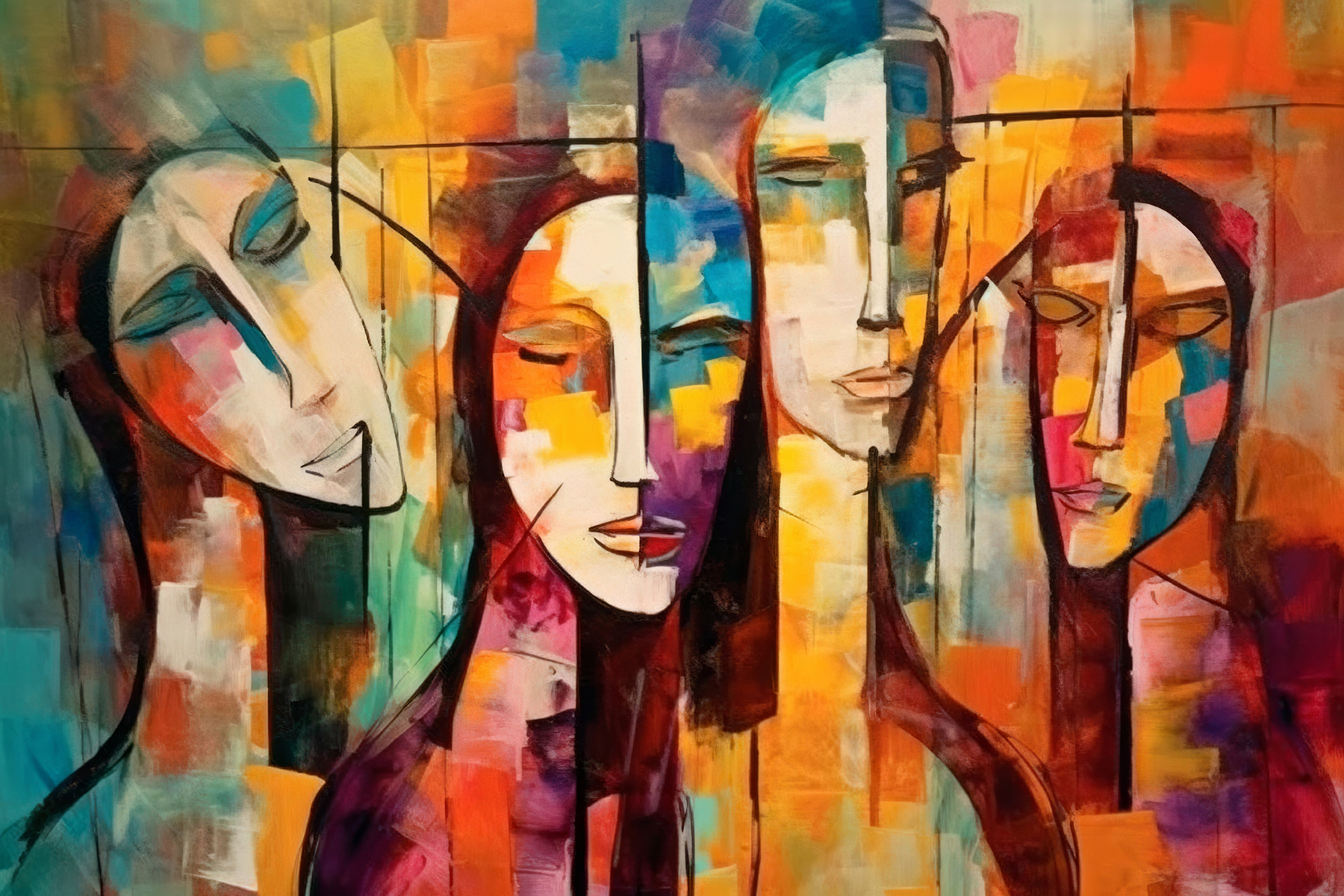 A painting of people's faces A painting of people's faces