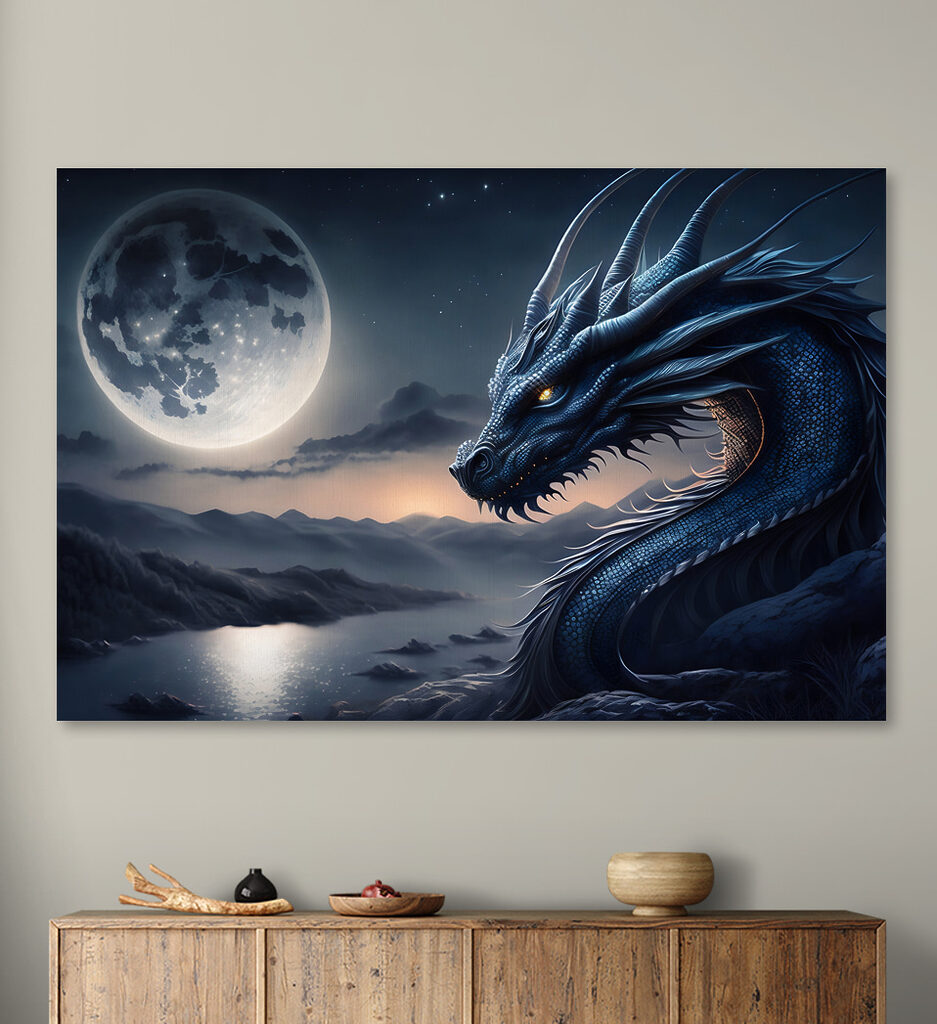 A blue dragon with a moon in the background