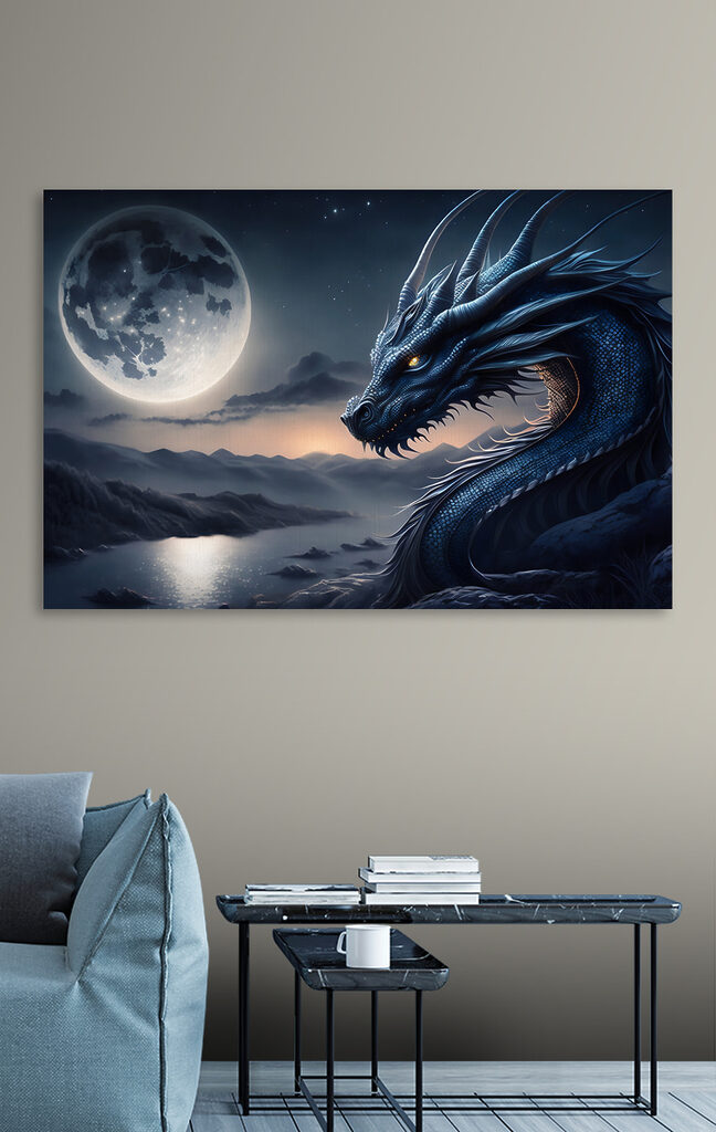 A blue dragon with a moon in the background