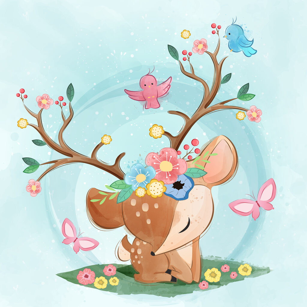 A cartoon deer with flowers and birds