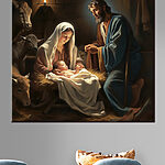 Obraz Obraz przedstawiający mężczyznę i kobietę w żłobie ze zwierzętami dookoła